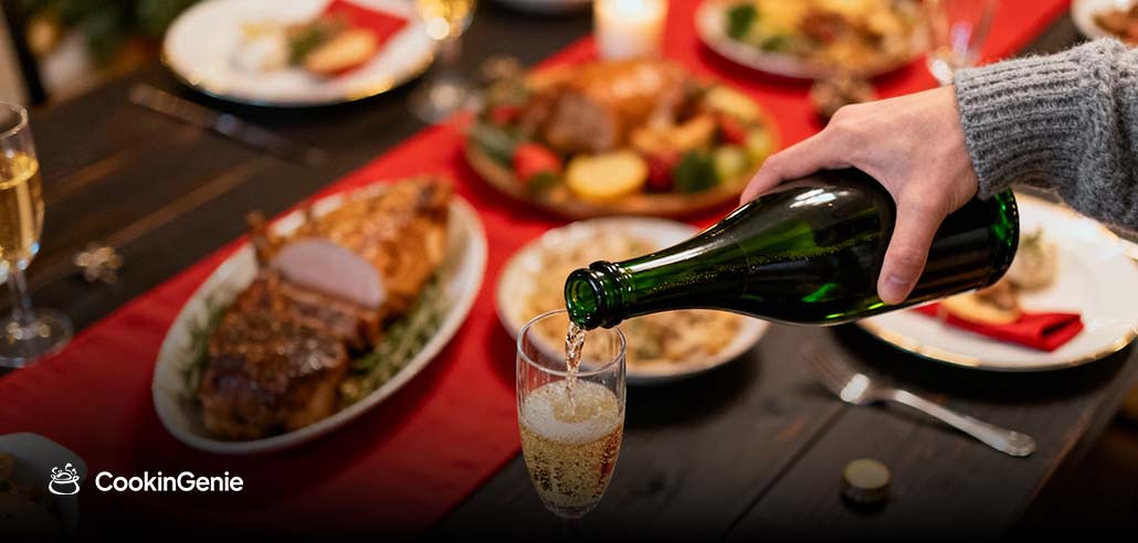Christmas dinner table with champagne being poured