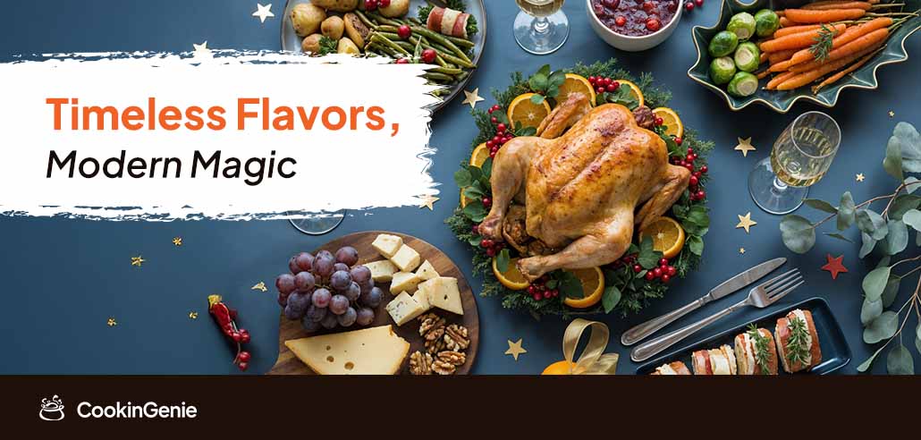 Christmas dinner table with roasted turkey and festive sides