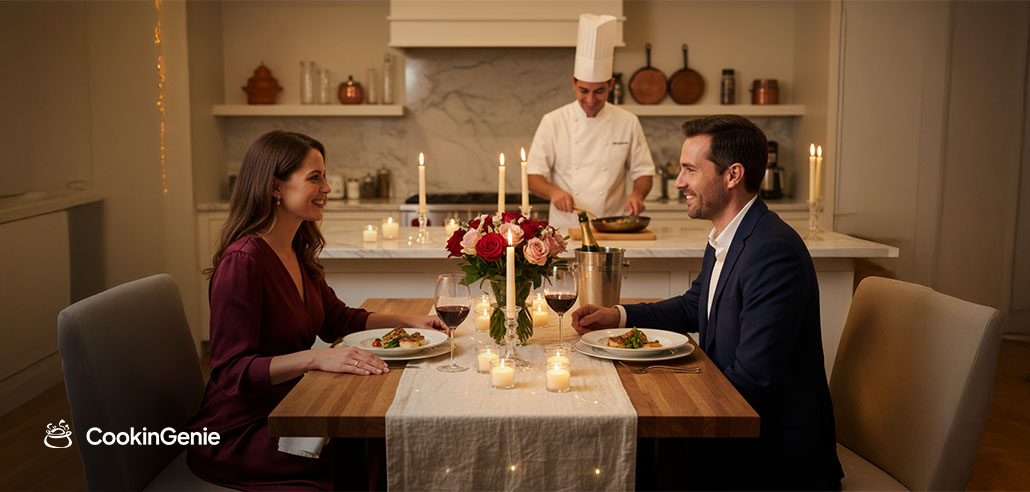 Couple having romantic dinner cooked by private chef