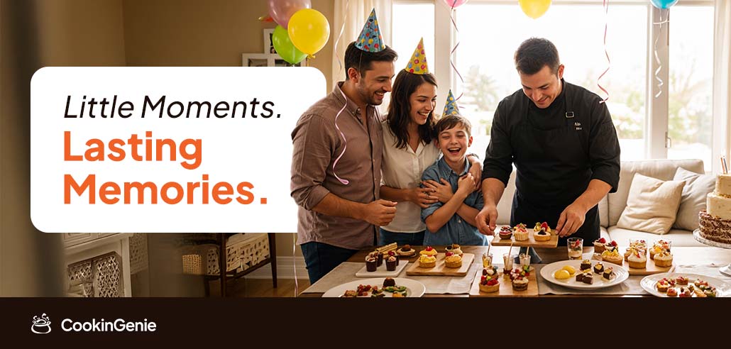 Family celebrating a 10-year-old’s birthday with a private chef preparing desserts
