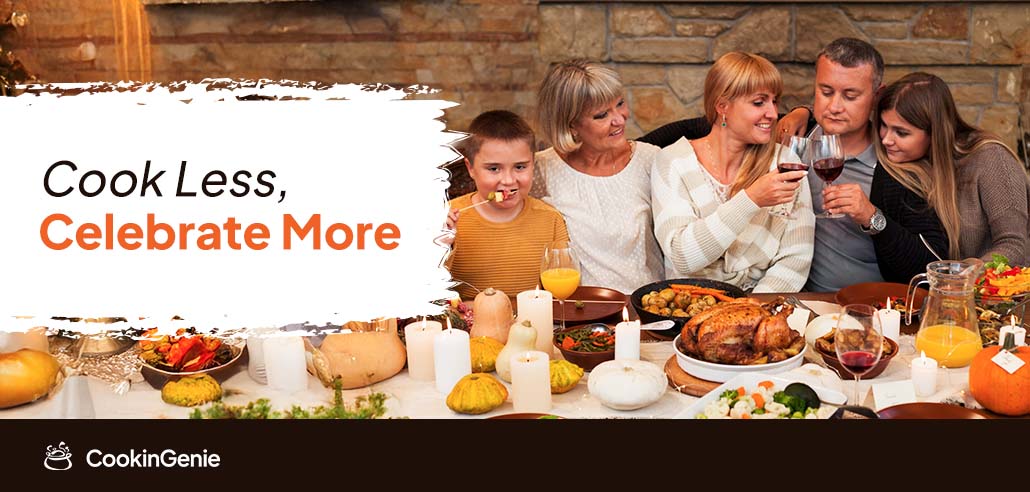 Family enjoying Thanksgiving dinner with turkey, candles, and wine