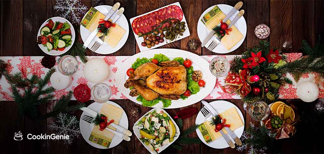 Festive Christmas buffet table with roast chicken and sides
