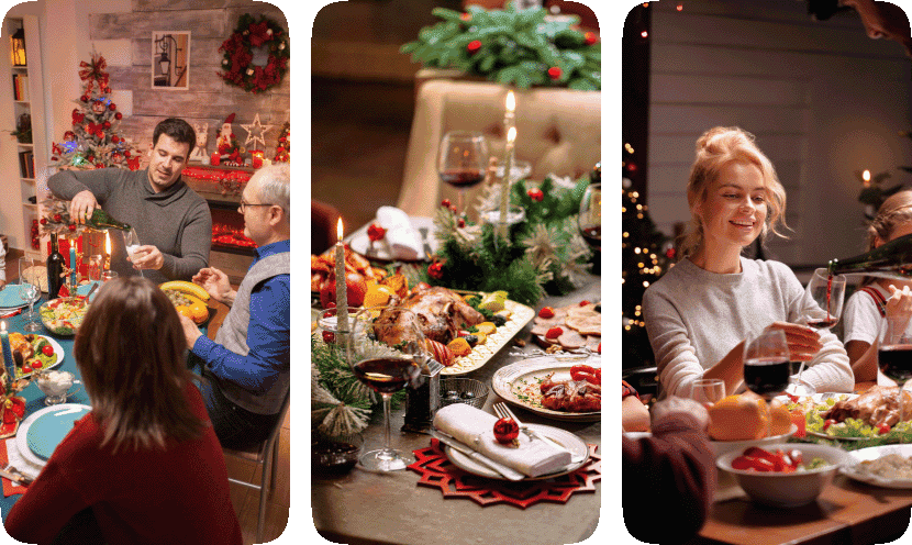 Private chef Christmas dinner with family and festive table setup