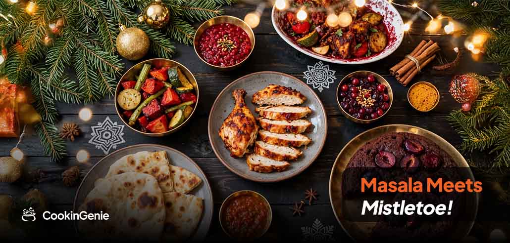 Indian-inspired Christmas dinner spread with festive dishes
