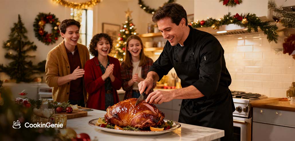 Private chef carving Christmas dinner for a delighted family