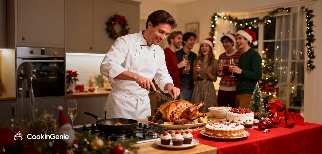 Private chef carving Christmas turkey at a festive holiday party