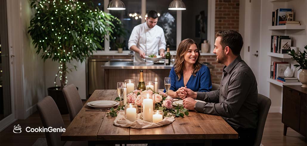Private chef preparing anniversary dinner for a couple at home