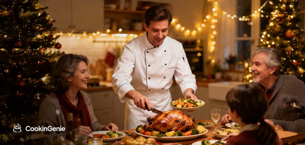 Private chef serving Christmas dinner to a family at home