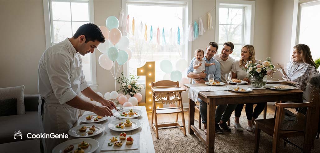 Private chef preparing dishes at a first birthday party while the family enjoys time together