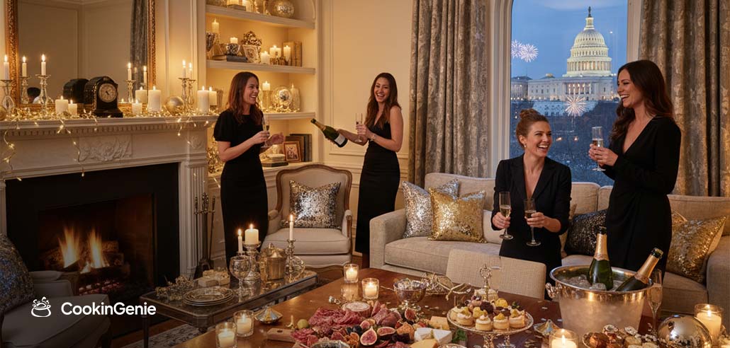 At-home New Year’s Eve celebration with champagne and Capitol view in Washington DC