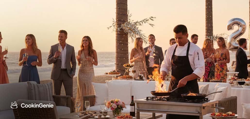 Chef cooking at beach NYE event