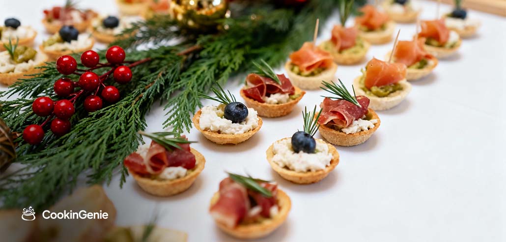 Christmas Eve bite-size appetizers with festive garnishes