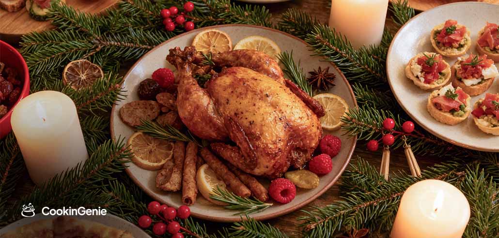 Christmas Eve roasted chicken dinner with festive sides and holiday décor