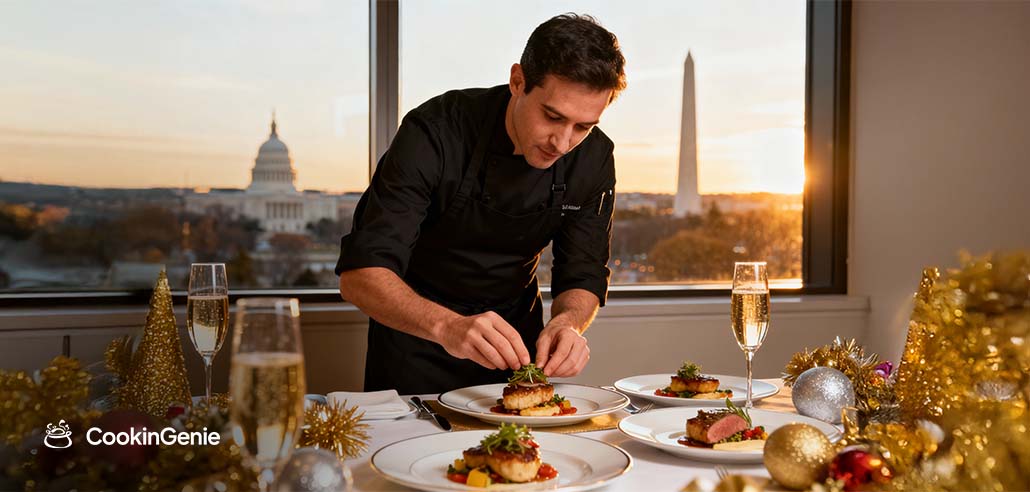 Private chef preparing a New Year’s Eve dinner with DC skyline in the background