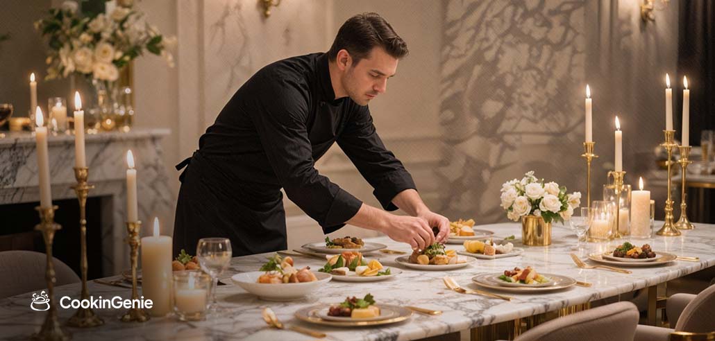 Private chef plating dishes for an intimate dinner party at home
