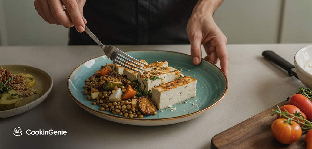 Chef-prepared vegetarian meal prep salad with grilled tofu and lentils