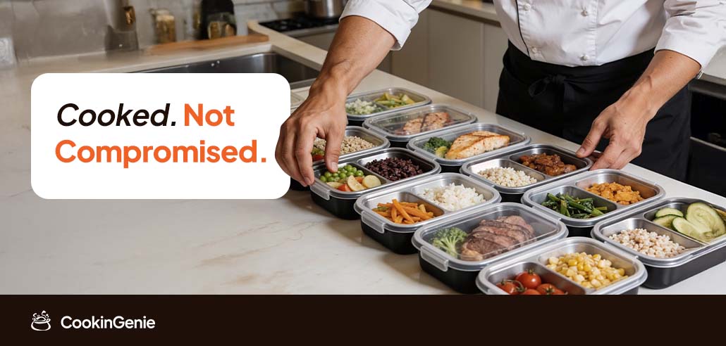 Chef preparing fresh meal prep containers at home