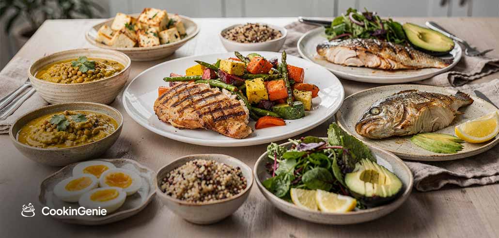 High protein meal prep lunch with grilled chicken, fish, eggs, and balanced sides