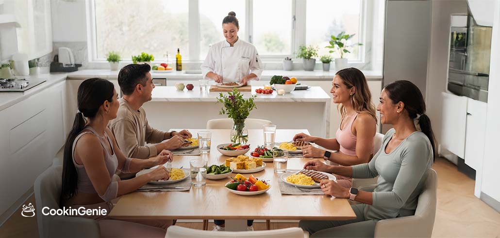 Private chef serving high protein, low calorie meal prep for a fitness-friendly dinner at home