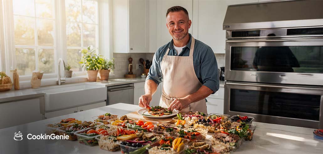 Private chef preparing fresh meal prep dishes in a home kitchen