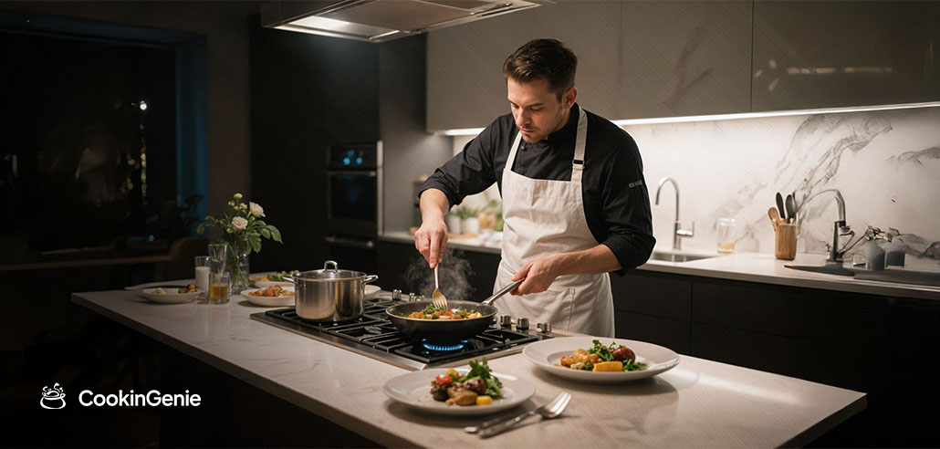 Private chef preparing a simple dinner at home