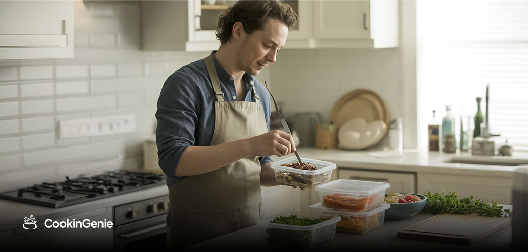 Private chef preparing fresh meal prep containers in a home kitchen with CookinGenie