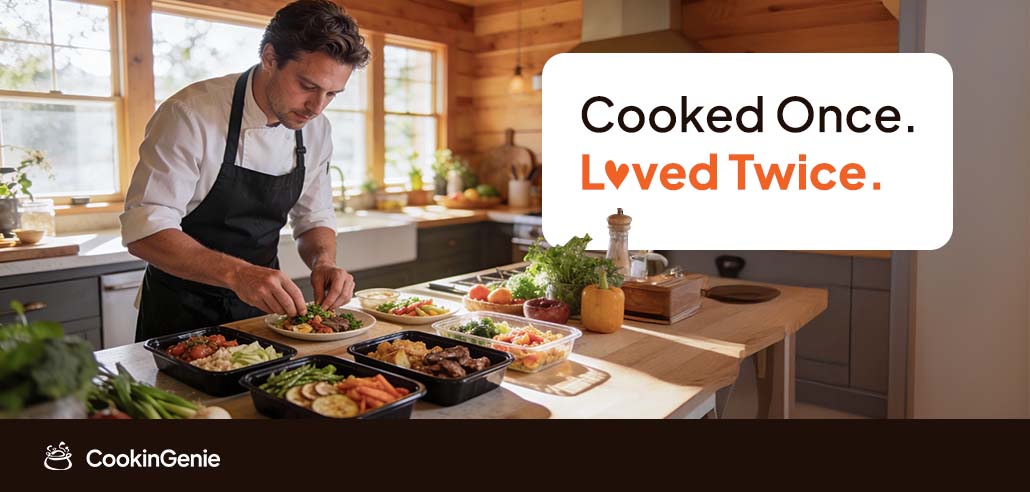 Private chef preparing fresh, home-cooked meal prep dishes in a modern kitchen with plated meals ready to enjoy