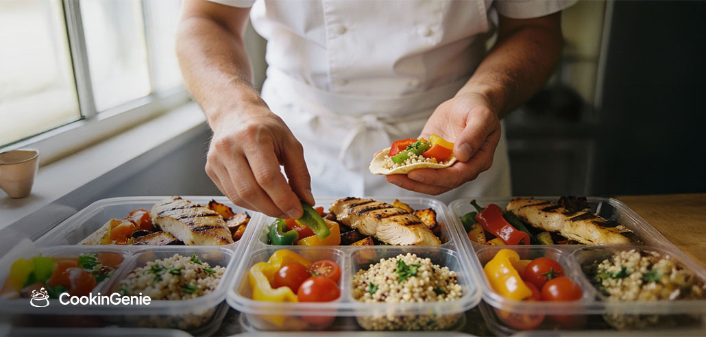 Private chef preparing healthy meal prep containers with grilled chicken and fresh vegetables