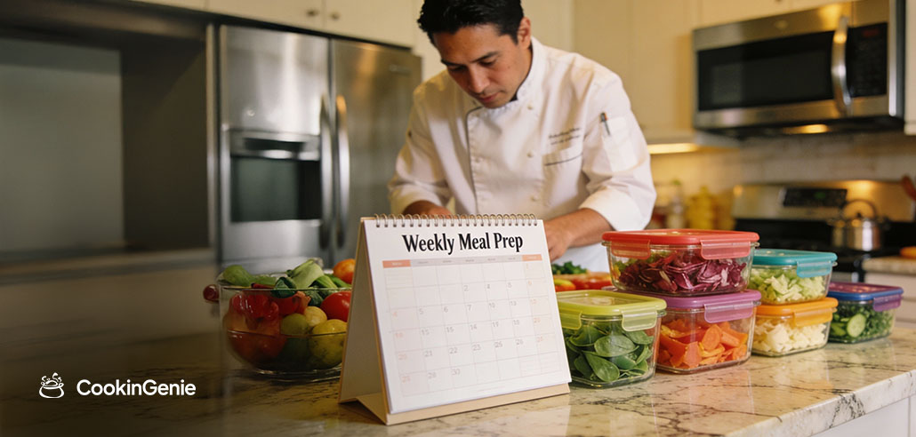 Chef preparing weekly meals in a home kitchen