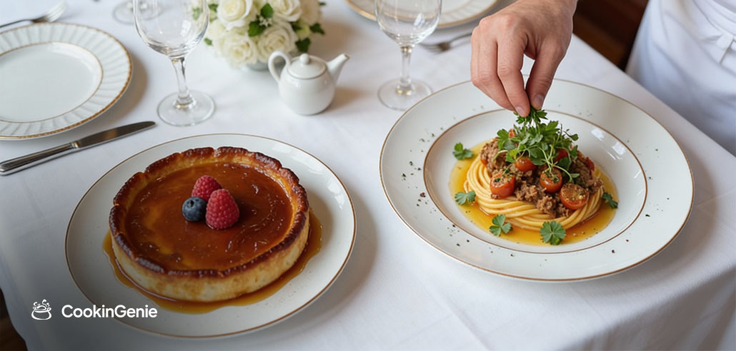 Private chef plating a French fine dining meal at home
