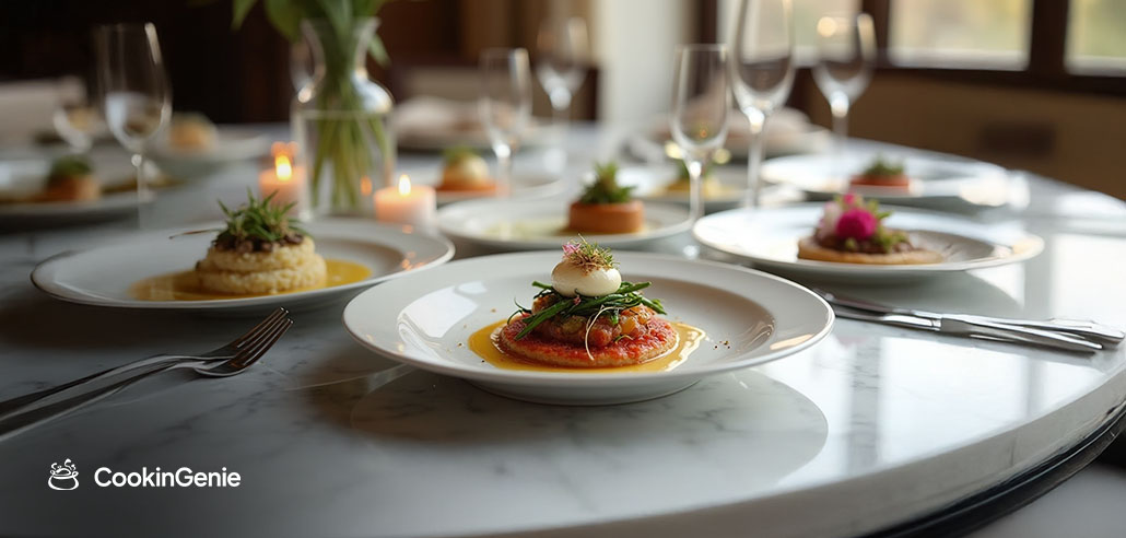 Elegant plating of vegetarian French cuisine on a luxury dining table