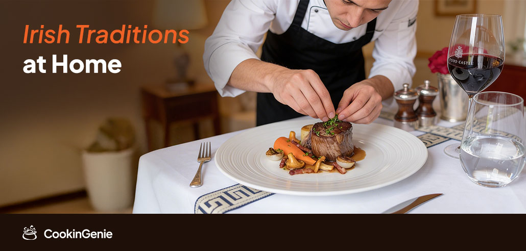 Private chef plating fine dining meal at home for St. Patrick’s Day Irish celebration