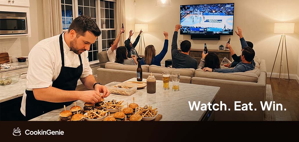 Private chef preparing food during a March Madness watch party at home