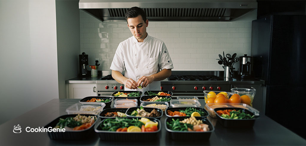 Private chef preparing custom meal prep in a Corona CA kitchen