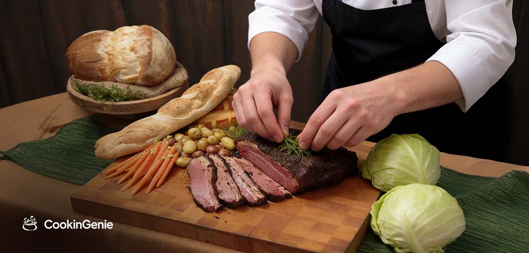 Private chef preparing corned beef and cabbage for a St. Patrick's Day party