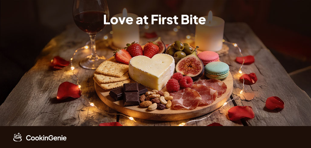 Valentine’s Day charcuterie board with heart-shaped cheese and berries