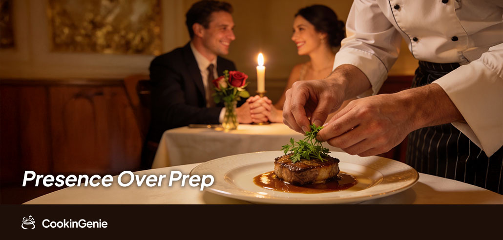 Couple enjoying Valentine’s Day in Denver as a private chef plates dinner at home