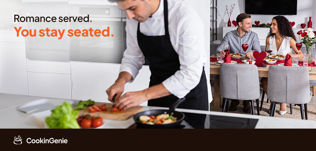 Private chef cooking while couple enjoys Valentine’s Day dinner at home