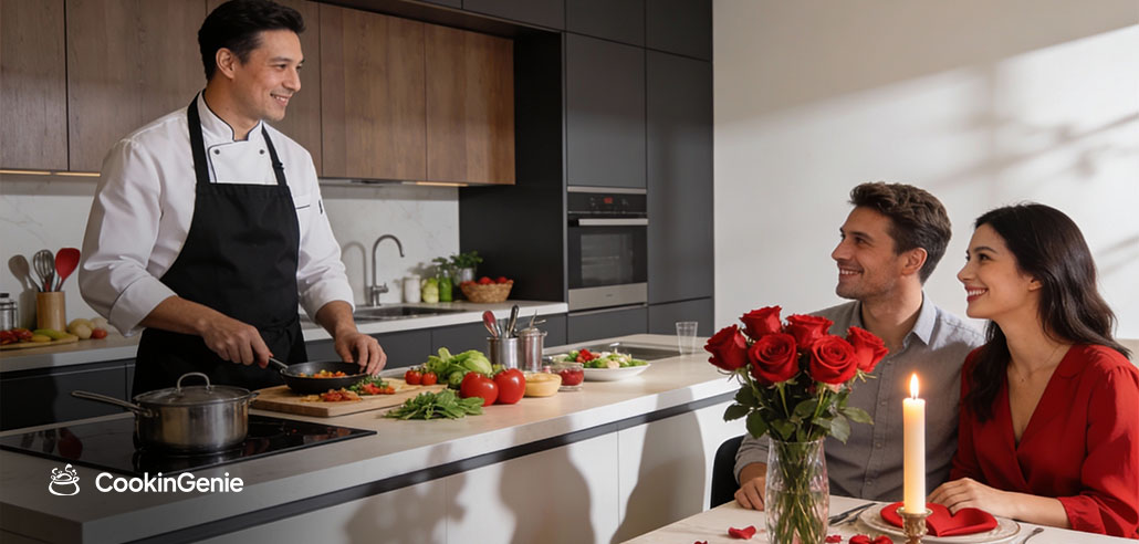 Couple enjoying Valentine’s Day in Chicago with a private chef cooking at home