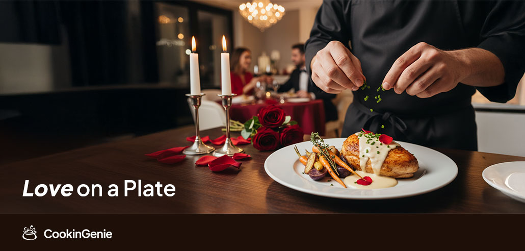 Private chef plating a romantic Valentine’s Day chicken dinner at home