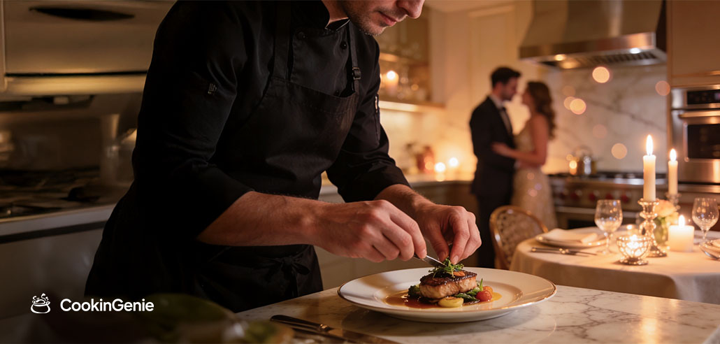 Private chef plating a romantic Valentine’s Day dinner at home in Seattle