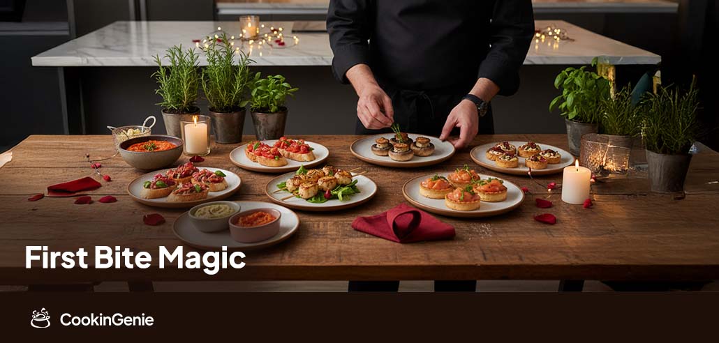 Private chef serving Valentine’s Day starters for a romantic at-home dinner