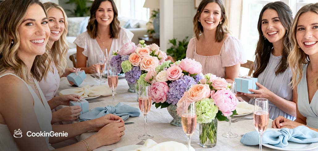 Guests enjoying a luxury bridal shower brunch with elegant bridal shower finger foods and champagne at home.