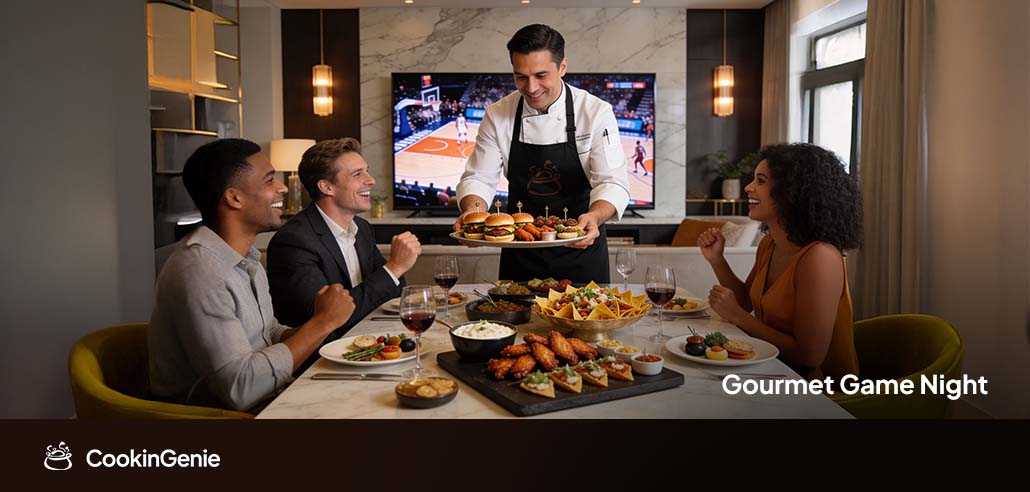 Private chef serving gourmet food to guests during game night at home