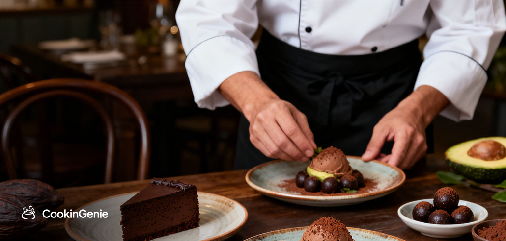 Private chef plating a chocolate dessert for Mexican dessert recipes presentation