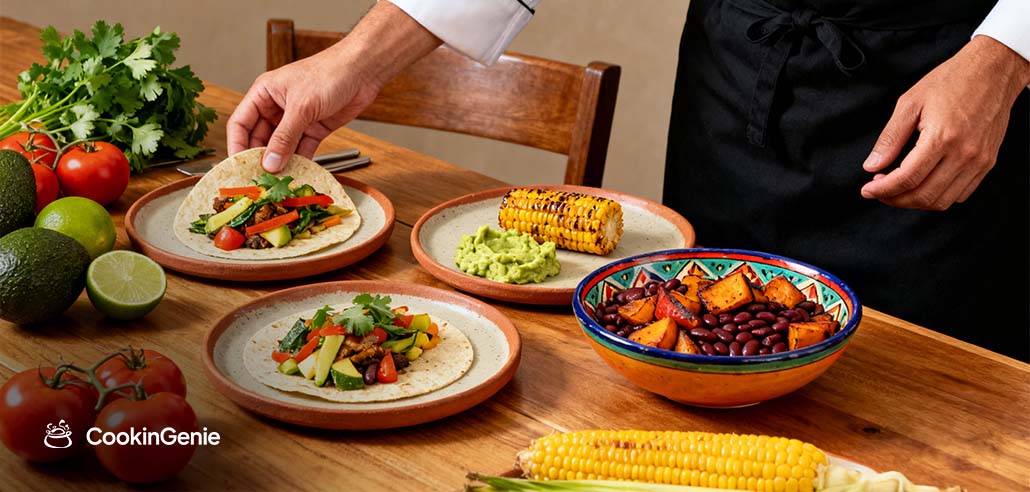 Private chef plating vegetarian Mexican recipes with veggie tacos, grilled corn, guacamole, and black beans