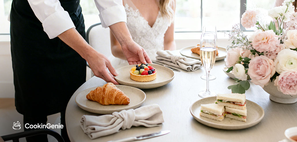 Private chef serving bridal shower food menu with fruit tart and finger sandwiches