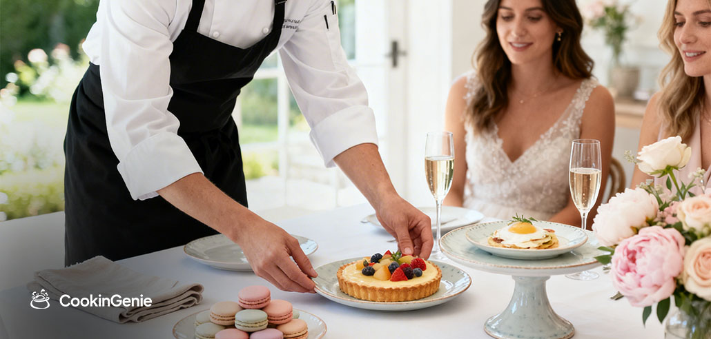 Private chef serving a fruit tart at an elegant bridal shower food table with champagne and macarons