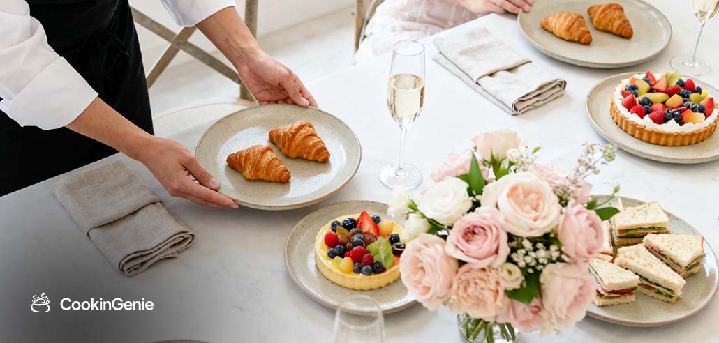 private chef serving croissants at an elegant bridal shower brunch table with fruit tarts, finger sandwiches, and flowers