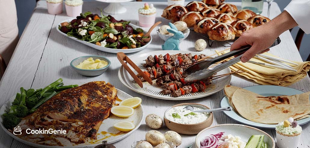 Easter lunch spread with grilled kebabs, roast fish, salad, hot cross buns, and flatbreads